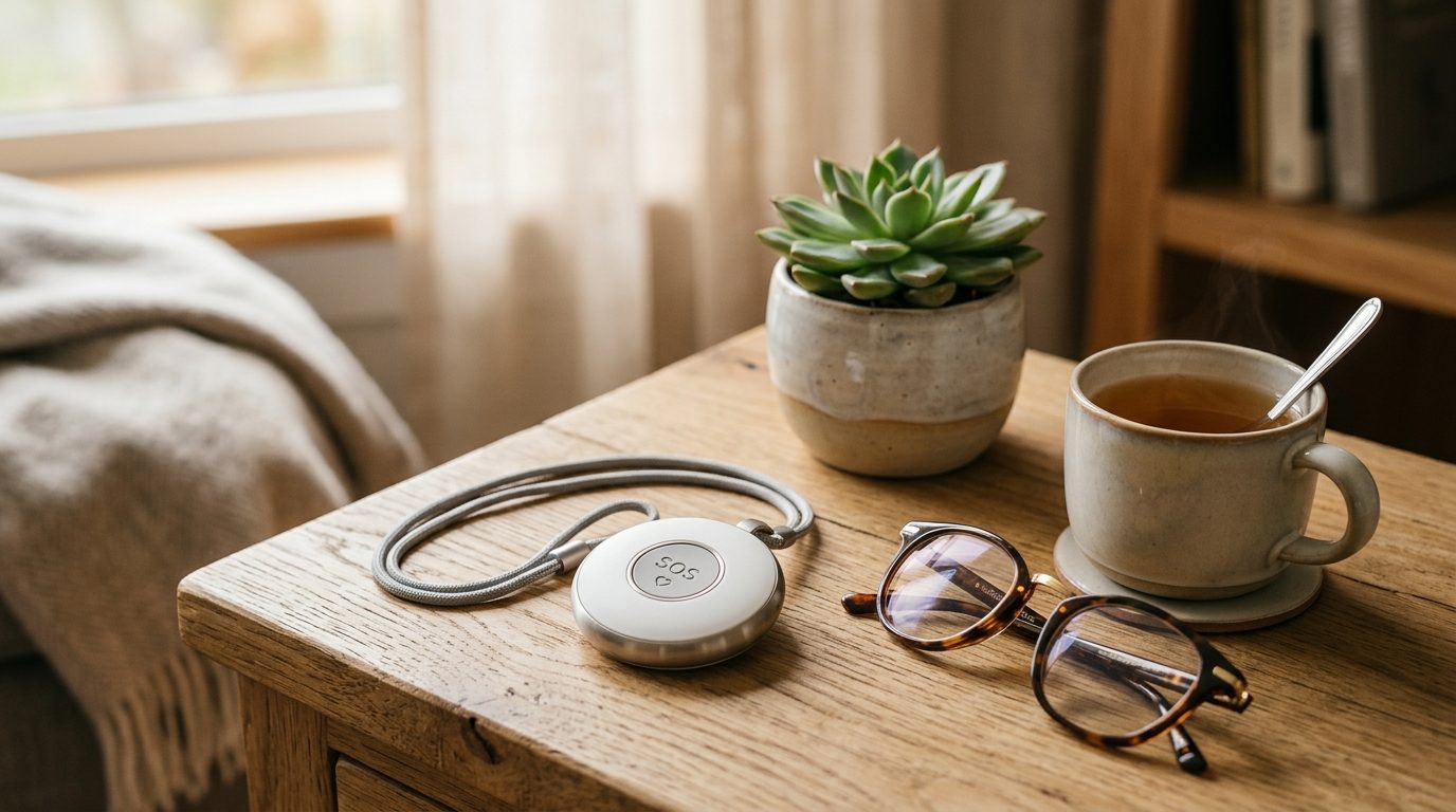 Emergency personal alarm pendant device resting on a clean wooden table