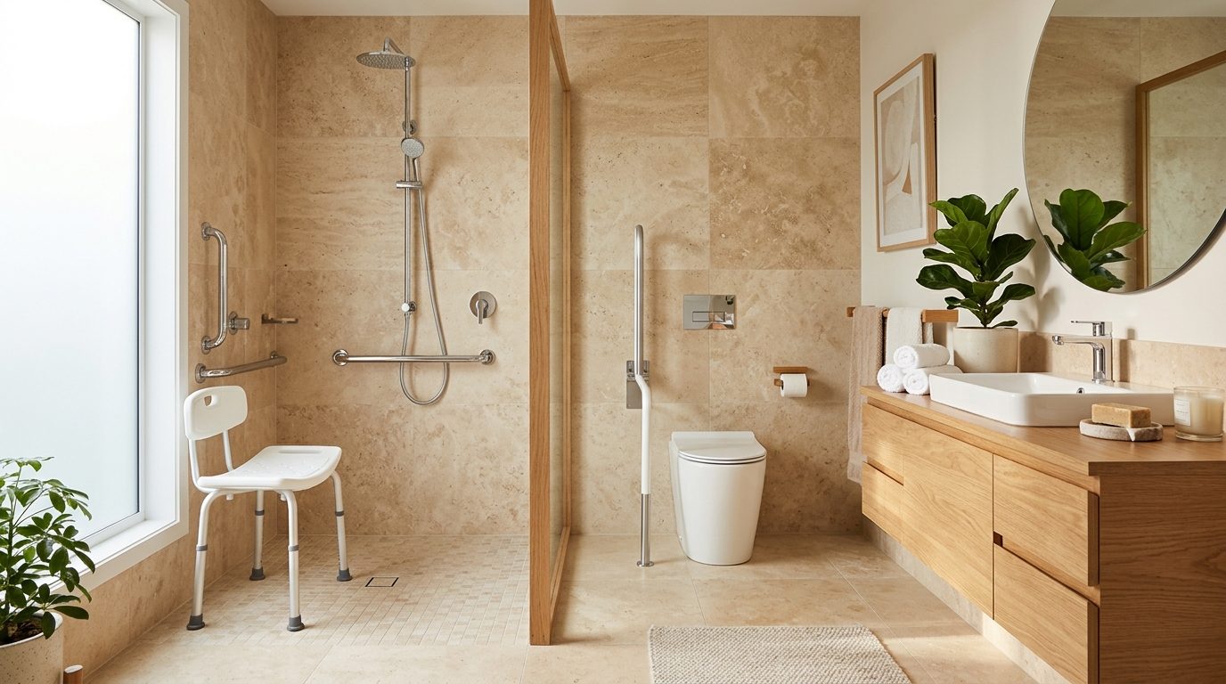 Bright modern accessible bathroom with ergonomic shower chair and grab rails