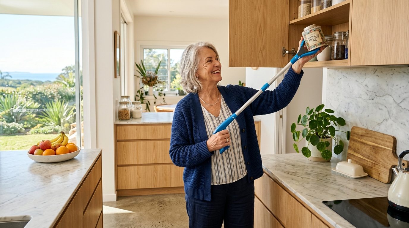 Active senior woman in kitchen using an assistive reaching tool comfortably