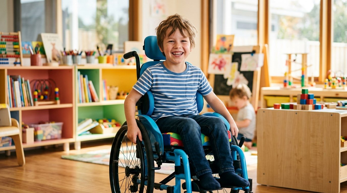 Smiling young boy in a supportive pediatric wheelchair in an active room