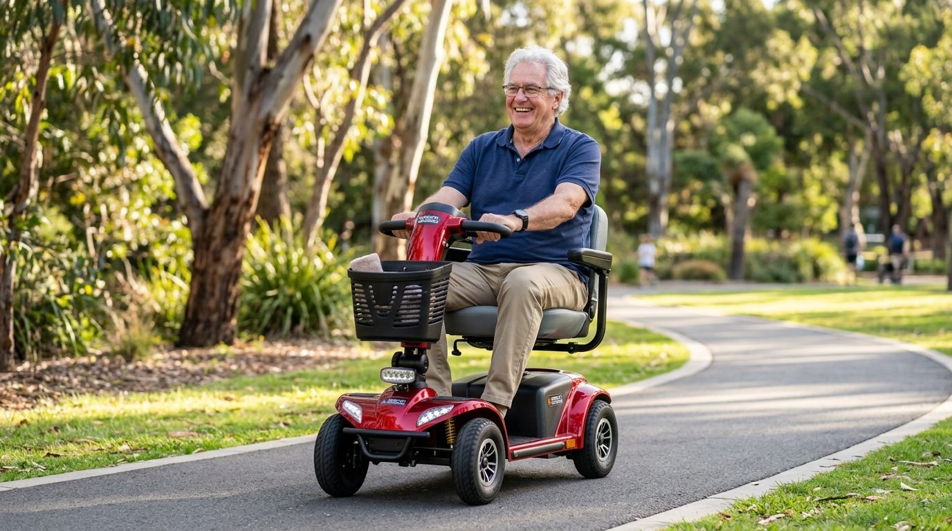 Active senior man riding a red electric mobility scooter outdoors on a sunny day
