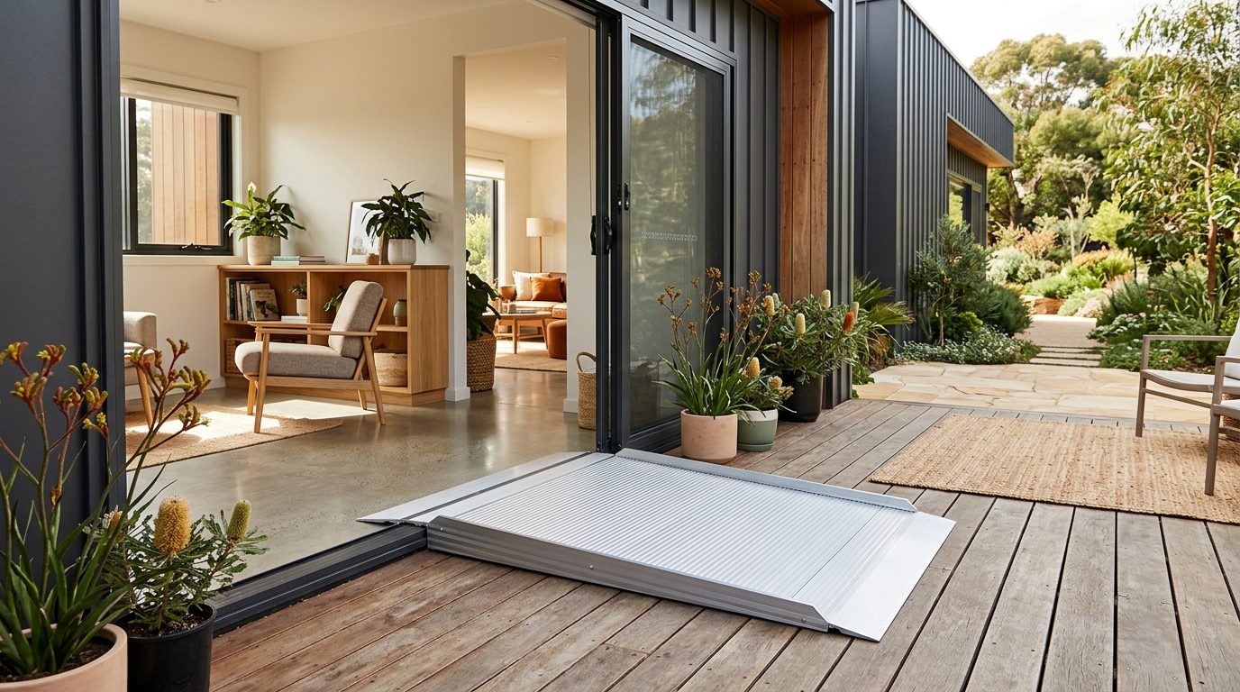 Modular access ramp installed at a welcoming home entrance doorway