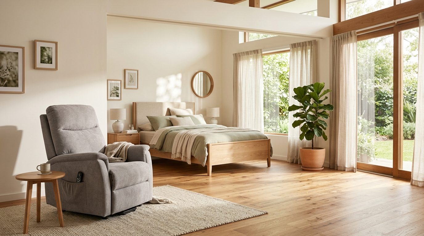 Comfortable living room with an electric lift recliner chair and adjustable bed